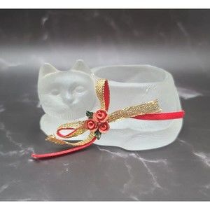 Vintage Sleeping Cat Frosted Glass Votive Candle Holder with Christmas Ribbon